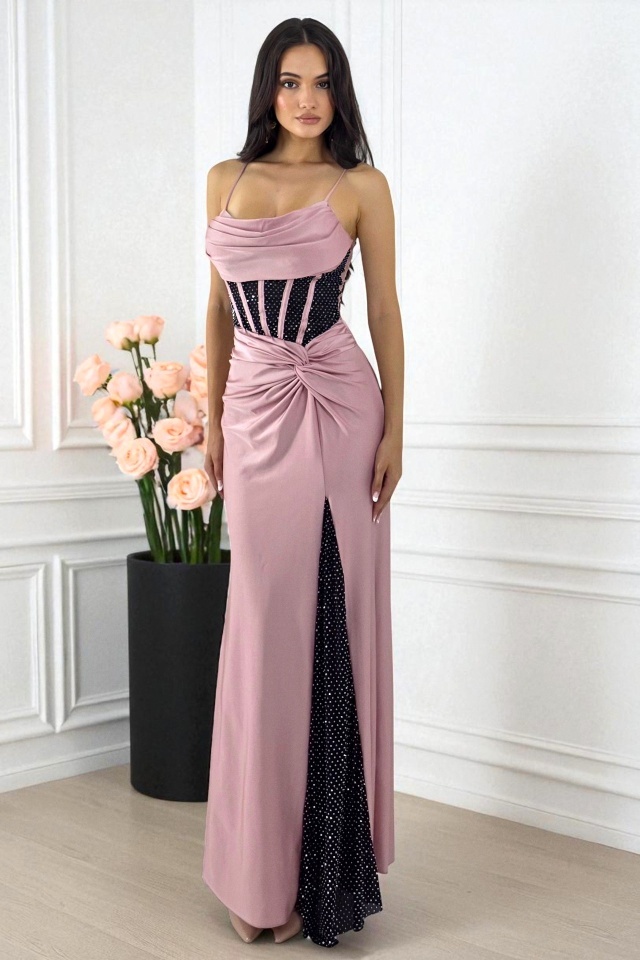 Rochie lunga de seara SYREN, in doua nuante si paiete, Roz prafuit, Marime S/M