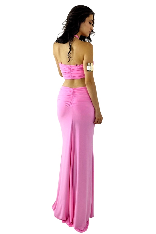 Rochie lunga de vara ELPIRI, croi decupat cu impletituri, Roz, Marime S/M
