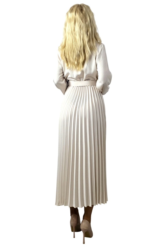 Rochie lunga plisata NOVARA, decolteu petrecut si revere, Crem, Marime S/M
