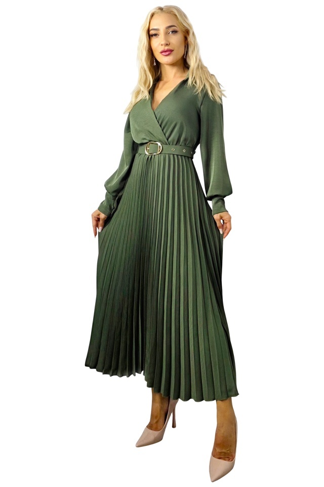 Rochie lunga plisata NOVARA, efect petrecut si revere, Verde Olive, Marime S/M