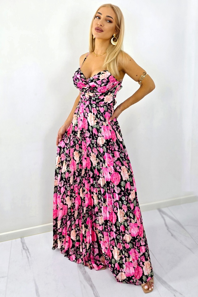Rochie lunga plisata NYSA, cupe buretate si legare spate, Negru/ROZ, Marime S/M