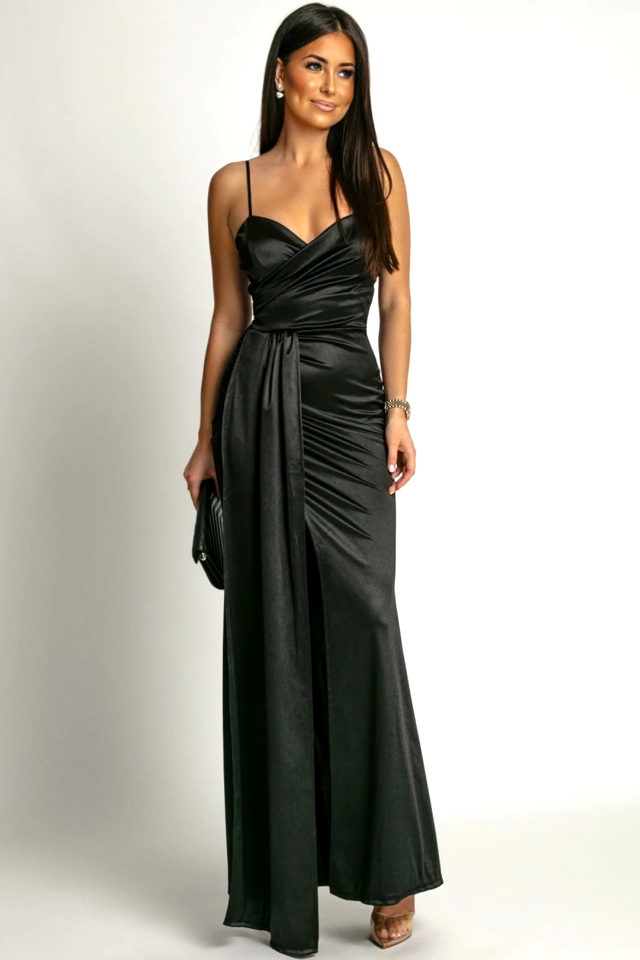 Rochie lunga satinata, OLyna, cu crapatura pe picior si fald, Negru, Marime S/M