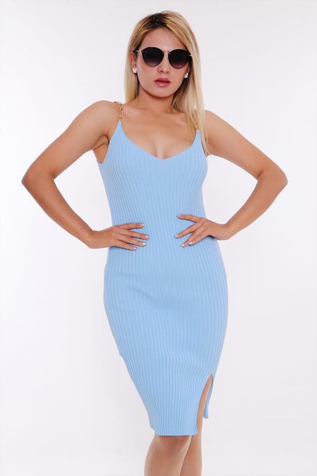 Rochie mulata Sofy, cu bretele din lant, Albastru baby blue, Marime S/M