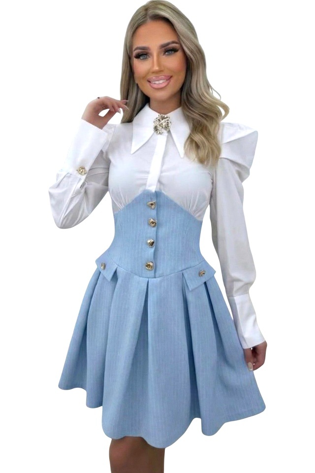 Rochie office tip camasa TOMYNA, bumbac si brosa inclusa, Baby Blue, Marime S/M