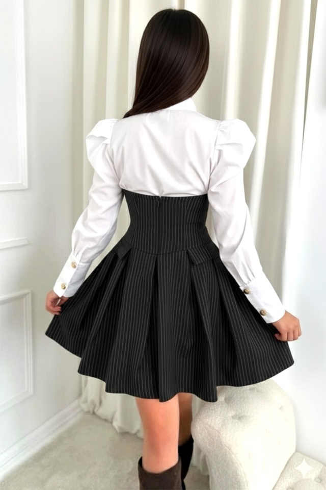 Rochie office tip camasa TOMYNA, bumbac si brosa inclusa, Negru, Marime S/M