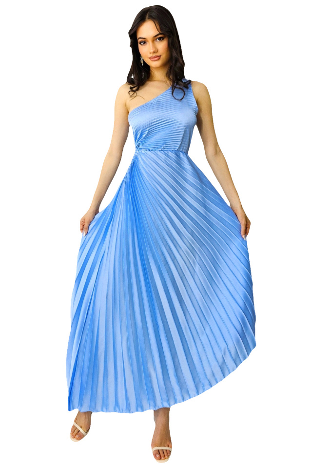 Rochie plisata asimetrica Elza, cu decupaj in zona taliei, Albastru baby blue, Marime S/M