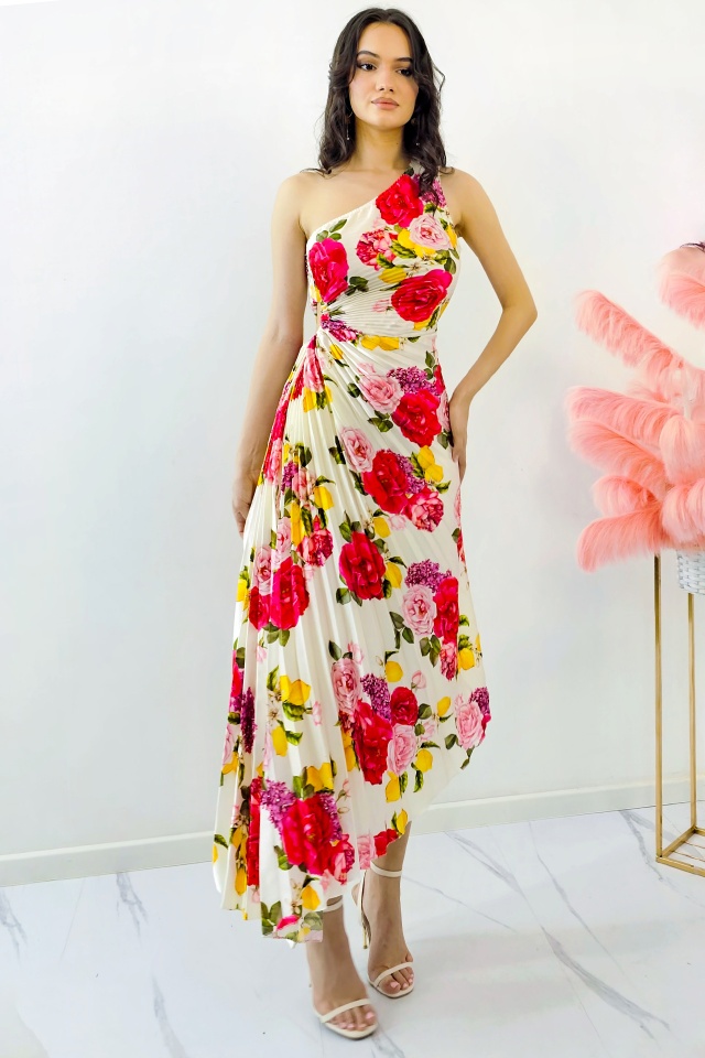 Rochie plisata asimetrica Elza Print, cu decupaj in zona taliei si imprimeu cu lămâi, Lemon Rose, Marime S/M