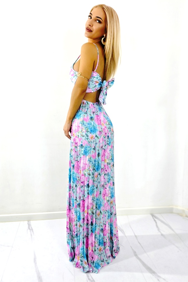 Rochie plisata de zi NYSA, cu funda la spate, BLUE/ROZ, Marime S/M