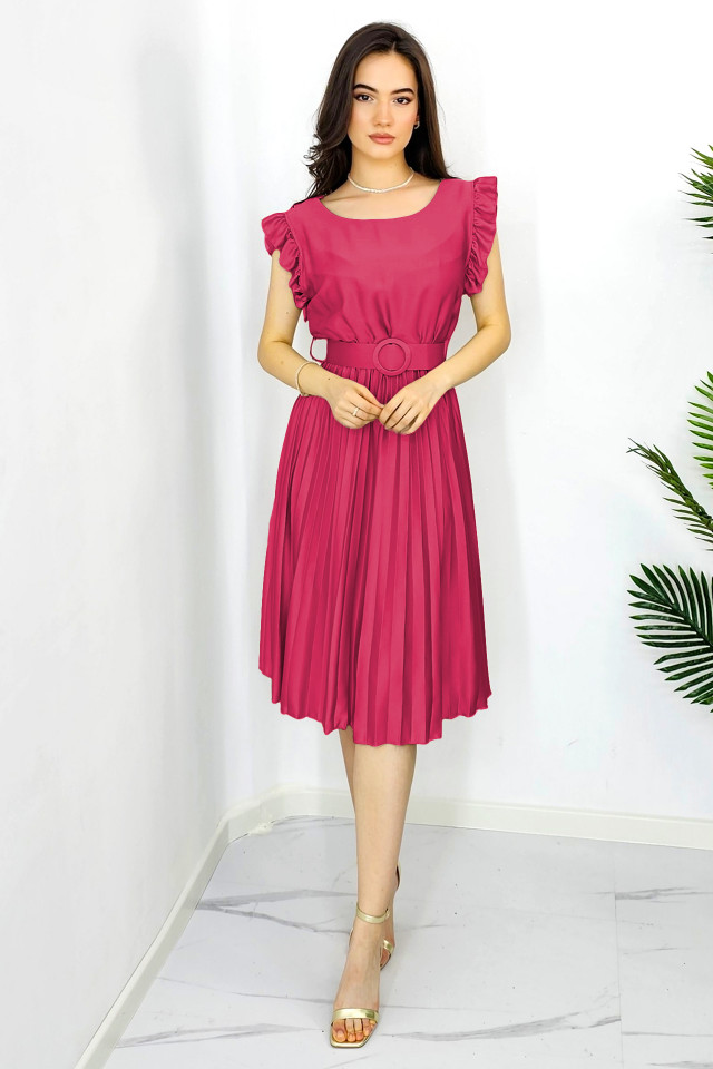 Rochie plisata midi, Elenor, cu volanase si curea asortata, Fucsia, Marime universala S/M