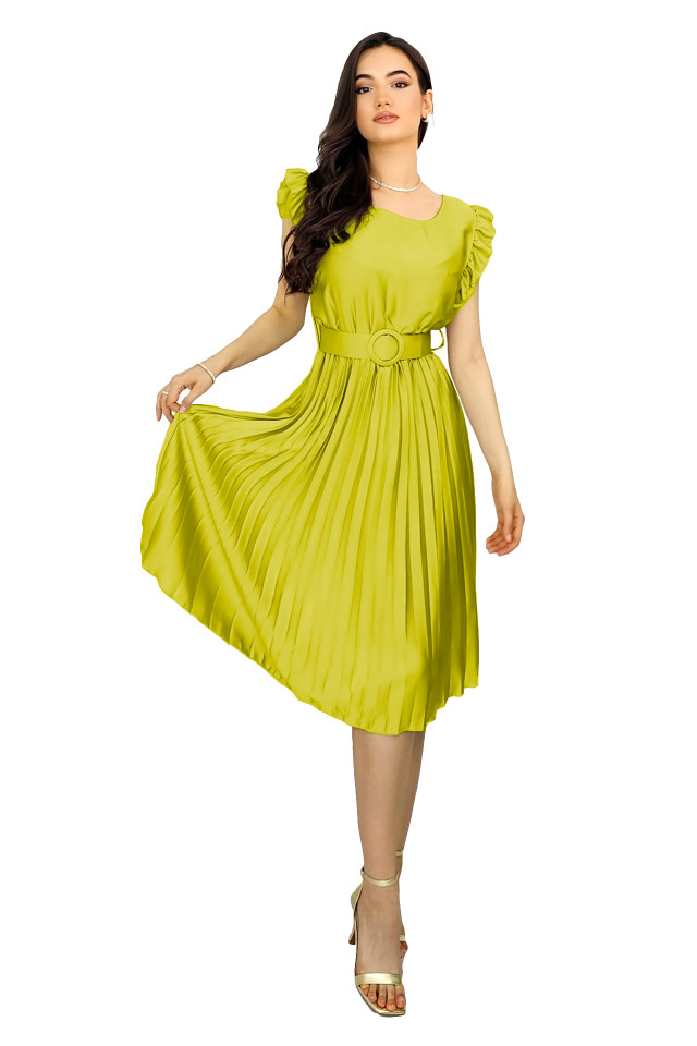 Rochie plisata midi, Elenor, cu volanase si curea asortata, Verde olive, Marime universala S/M