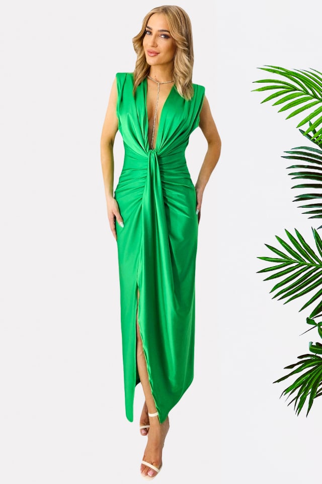 Rochie satinata Ilaria, croiala conica si decolteu adanc, Verde, Marime S/M