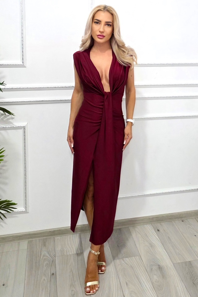 Rochie satinata Ilaria, croiala medie si crapatura pe picior, Visiniu, Marime S/M