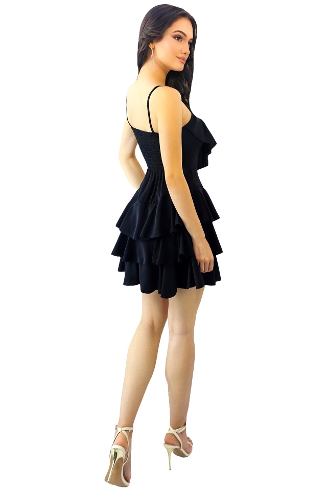 Rochie scurta AUGUSTina, babydoll cu volane asimetrice, Negru, Marime S/M