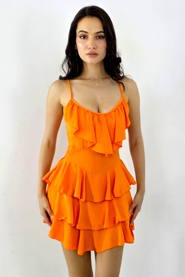 Rochie scurta AUGUSTina, babydoll cu volane asimetrice, Orange, Marime S/M