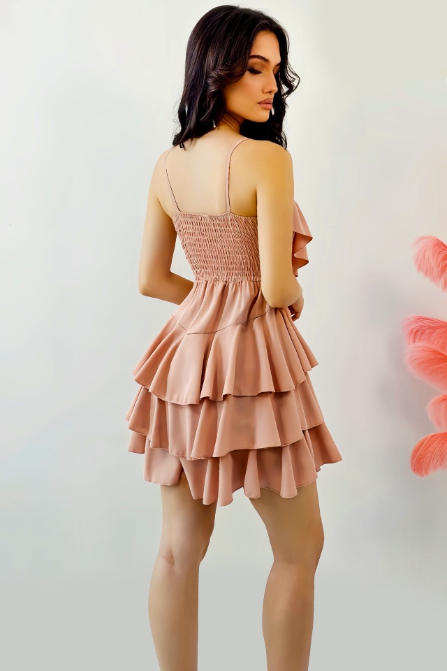 Rochie scurta AUGUSTina, babydoll cu volane asimetrice, Roz prăfuit, Marime S/M