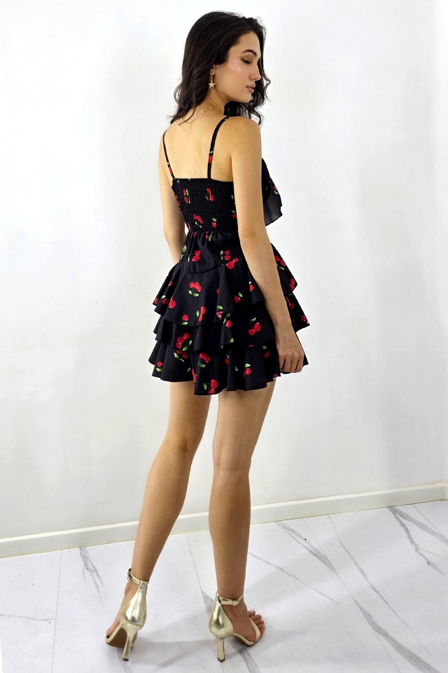 Rochie scurta AUGUSTina, babydoll, cu volane si print cirese, Negru/Rosu - 1 | YEO