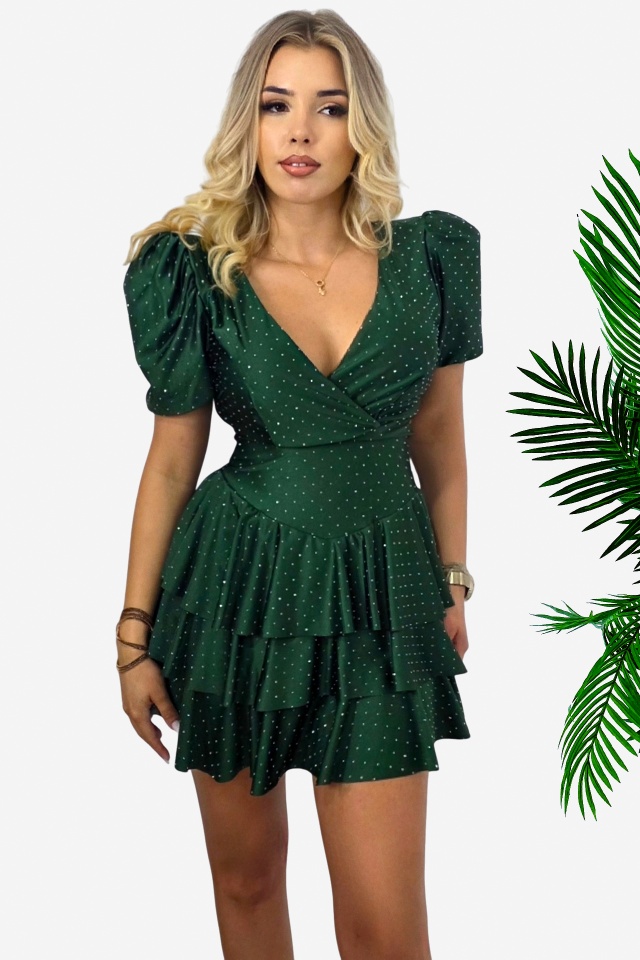 Rochie scurta de ocazie NAYABI, cu volane si cristale, Verde inchis, Marime S/M