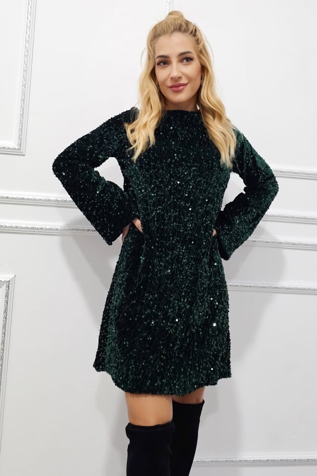 Rochie scurta de seara Tamina, cu paiete si fundita oversize la spate, Verde inchis, Marime S/M/L - 3 | YEO