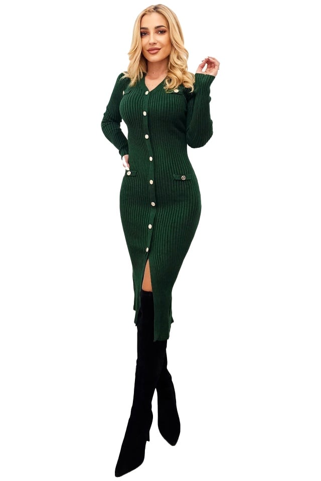 Rochie tricotata Kadira, bodycon, material texturat cu nasturi decorativi, Verde, Marime S/M/L