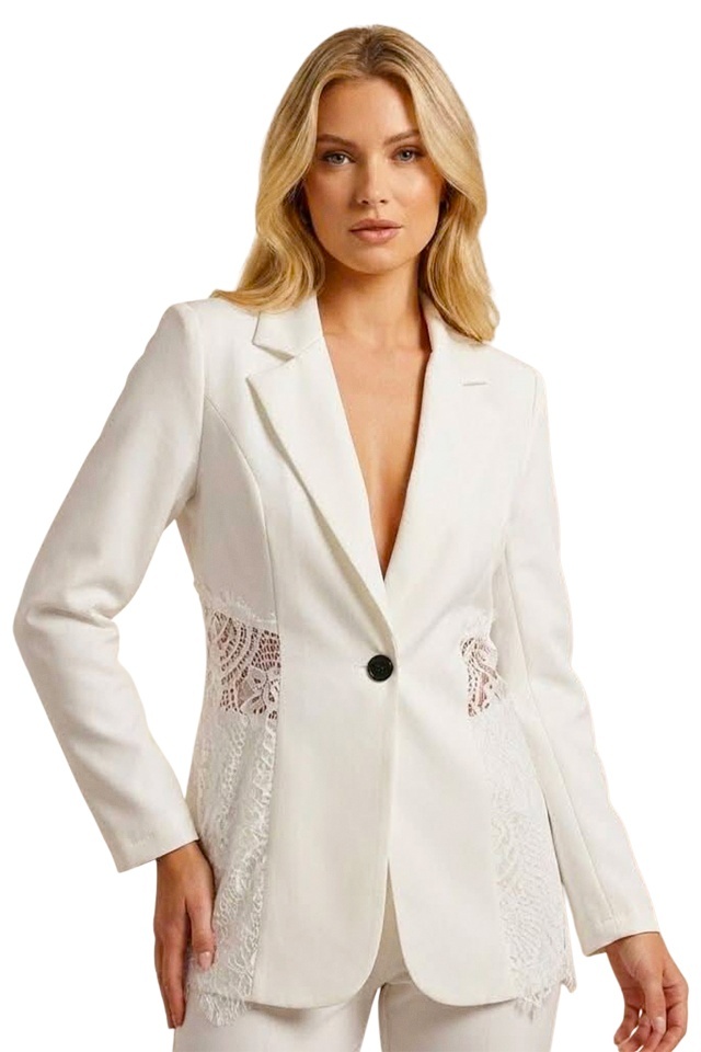 Sacou cambrat, de ocazie, Roselle, cu panou asimetric din dantela, Alb, Marime S/M