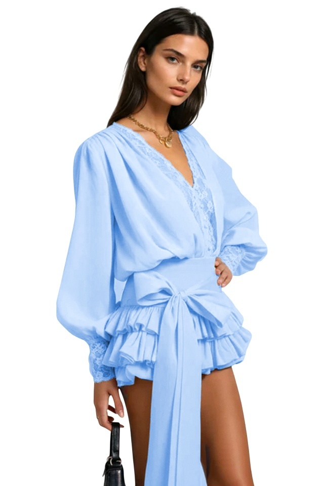 Salopeta cu fusta scurta ECLIPSE, volane, funda si dantela, Baby Blue, Marime S/M