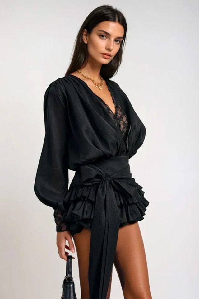 Salopeta cu fusta scurta ECLIPSE, volane, funda si dantela, Negru, Marime S/M