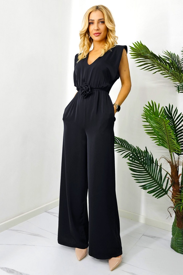 Salopeta eleganta Cecille, cu pantalon lung, Large si detaliu floral, Negru, Marime S/M - 3 | YEO