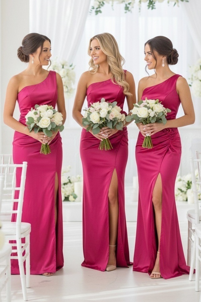 Set 5x Rochie satinata de seara, JoeLLe, cu detaliu floral, Rosu, Marime S/M