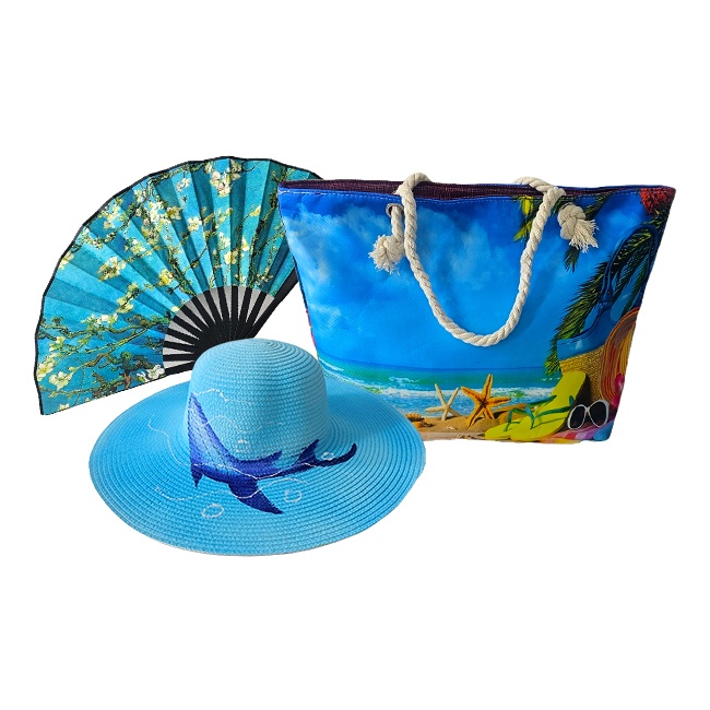 Set BIG Summer, geanta maxi de plaja, palarie si evantai, Ramuri de migdal inflorit, Shark