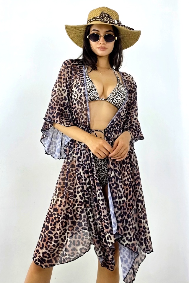 Set de plaja trei piese NaLLa-LYVA, cardigan si costum de baie cu snururi, Animal print - 3 | YEO