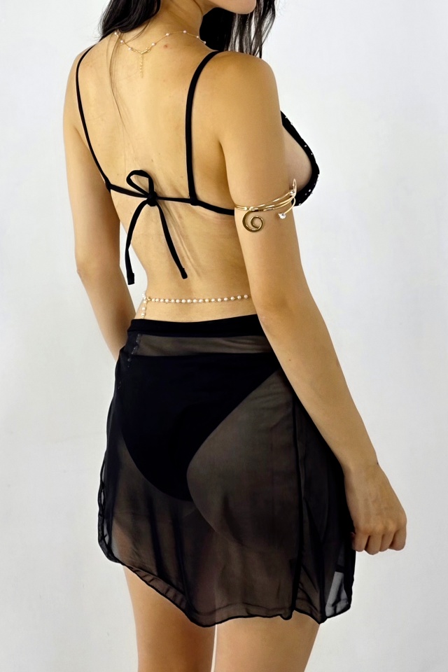 Set de plaja trei piese Sarong-ZENY, fusta pareo si costum de baie cu paiete, Negru - 3 | YEO