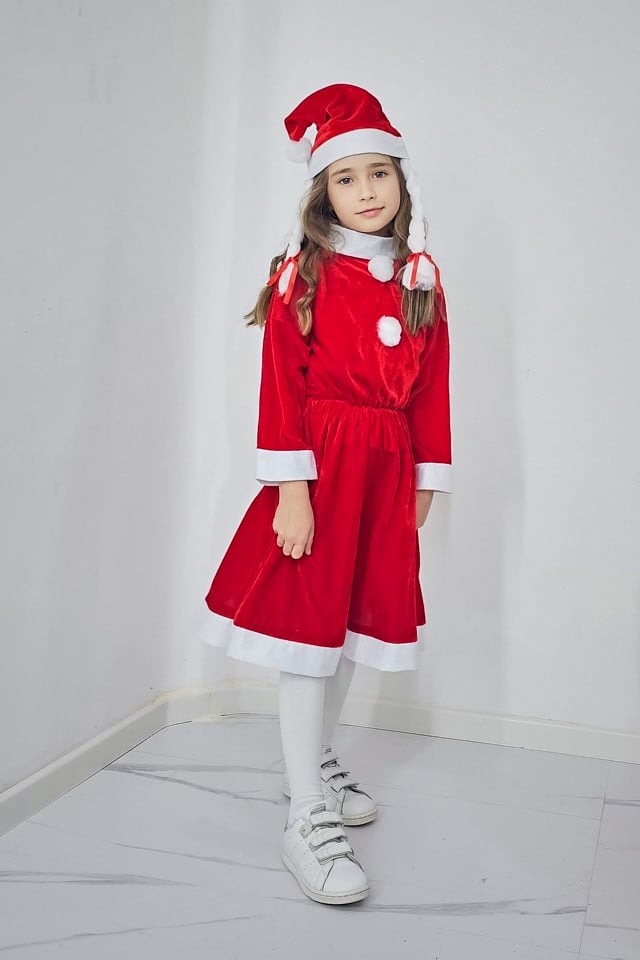 Set rochie Craciunita din catifea, Missy Claus, cu caciula si codite, Marime 3-5 ani