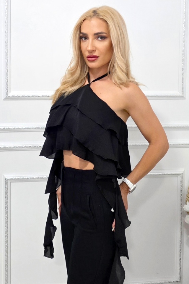 Top de seara Yuna, cu volane oversize asimetrice, Negru, Marime S/M - 2 | YEO