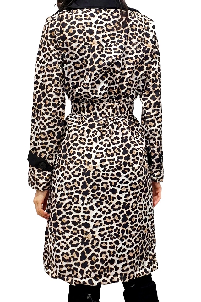 Trenci animal print Viviane, cu revere contrastante si cordon asortat, Bej Leopard