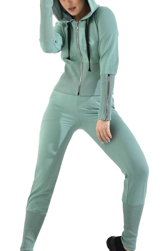 Trening Yuki, cu pantaloni si bluza accesorizate cu fermoare, Verde - 3 | YEO