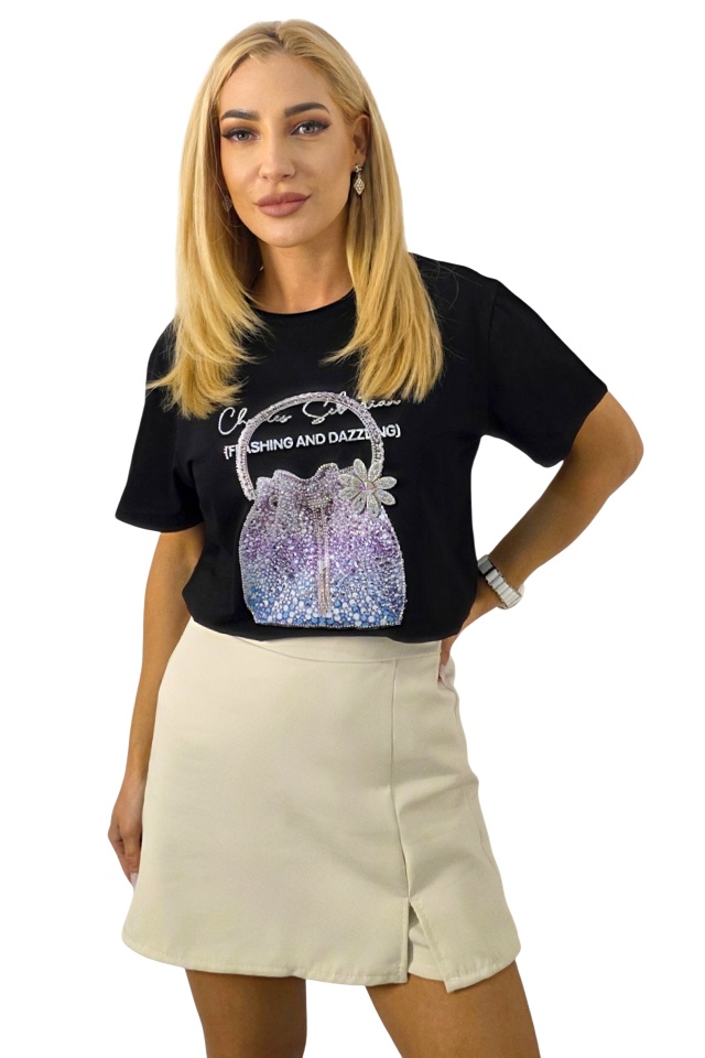 Tricou bumbac NOREA, cu imprimeu fashion si cristale, PURSE Negru, Marime S/M