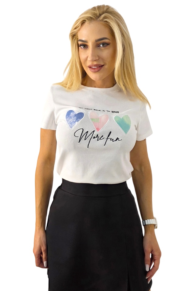 Tricou bumbac NOREA, cu paiete, More Fun, Alb