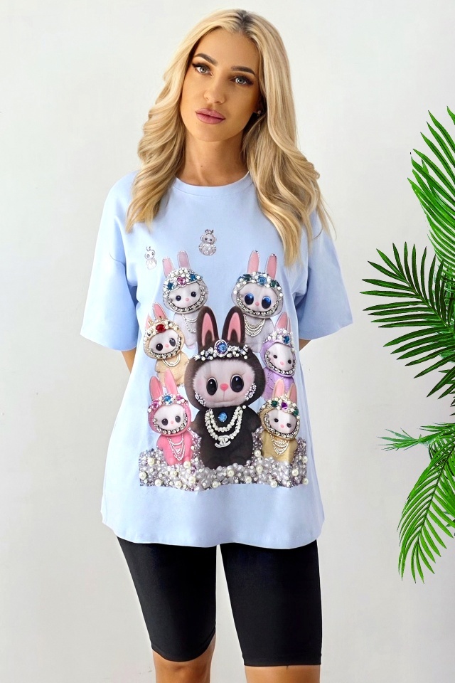 Tricou dama cu print La BuBu, croiala lejera cu perle si cristale, Blue, Marime S/M/L - 2 | YEO