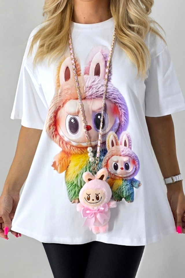 Tricou dama print realist BuBu TOY si colier jucarie plus, Alb, Marime S/M/L - 2 | YEO