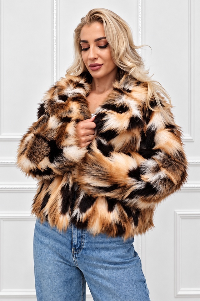 Blana animal print Ysolde din blana ecologica, cu interior satinat, ARAMIU, Marime S/M — imaginea 6