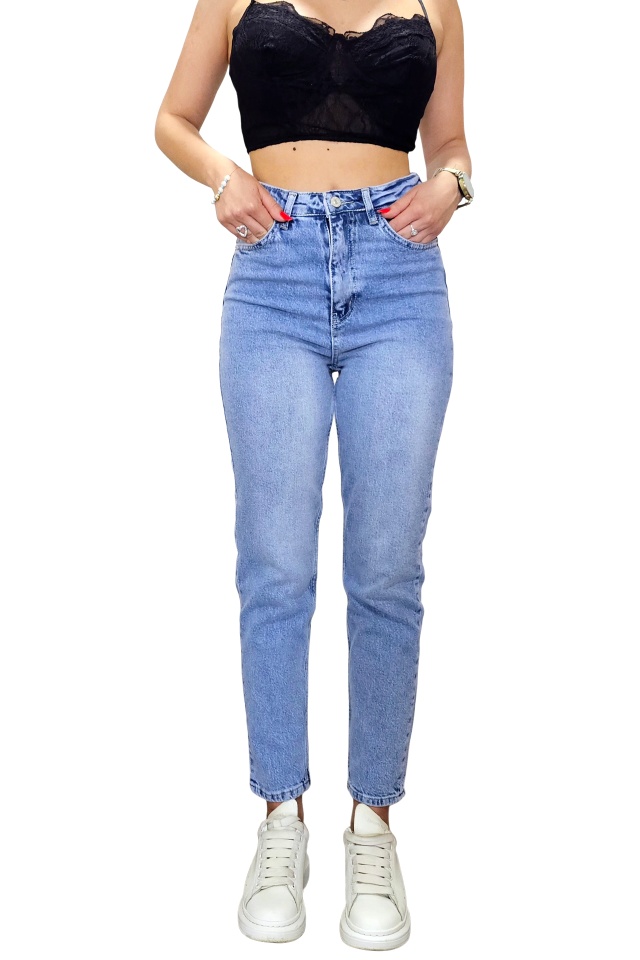 Blugi boyfriend PACIFYC, cu textura usor elastica si talie inalta, Albastru senin