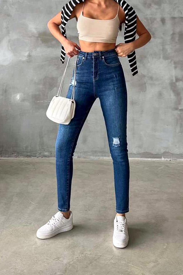 Blugi dama, Katy, croiala elastica boyfriend cu talie inalta, Albastru denim