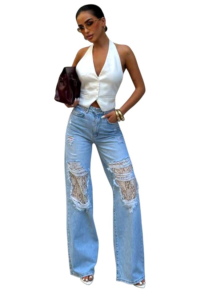 Blugi dama KUMBA, croiala wide leg palazzo cu dantela si perforatii, Albastru
