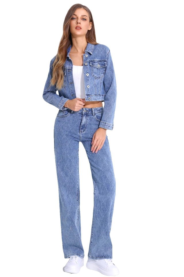 Blugi de dama Phoenix Romb, croiala relaxed fit, cu imprimeu geometric, Albastru denim