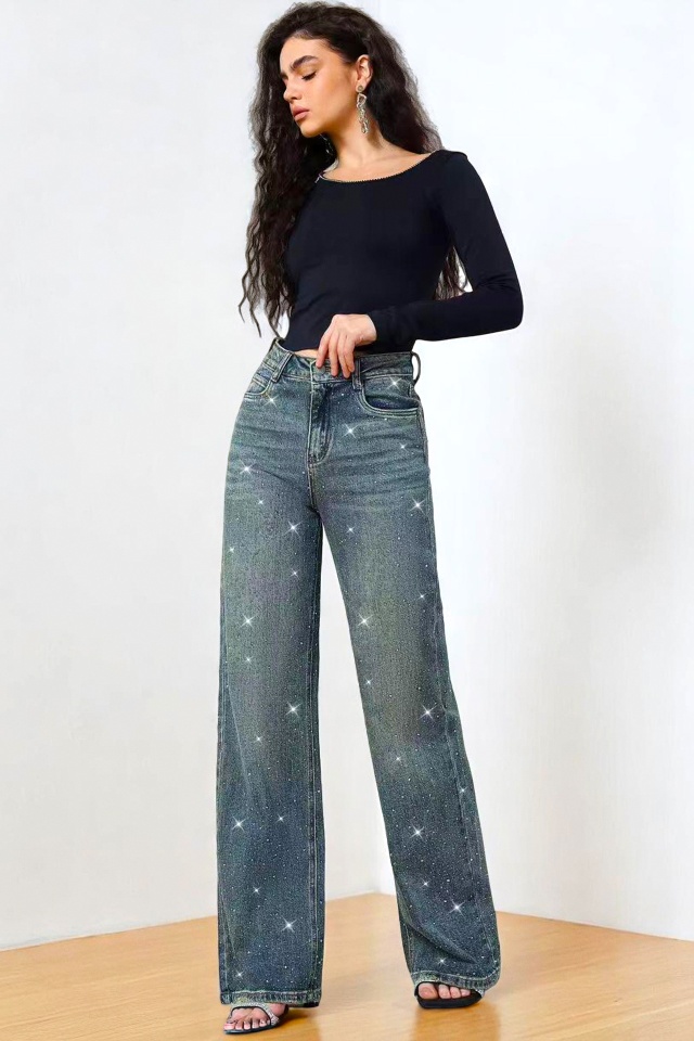 Blugi mom fit baggy ReBBE, cu paiete si croi drept, Gri inchis