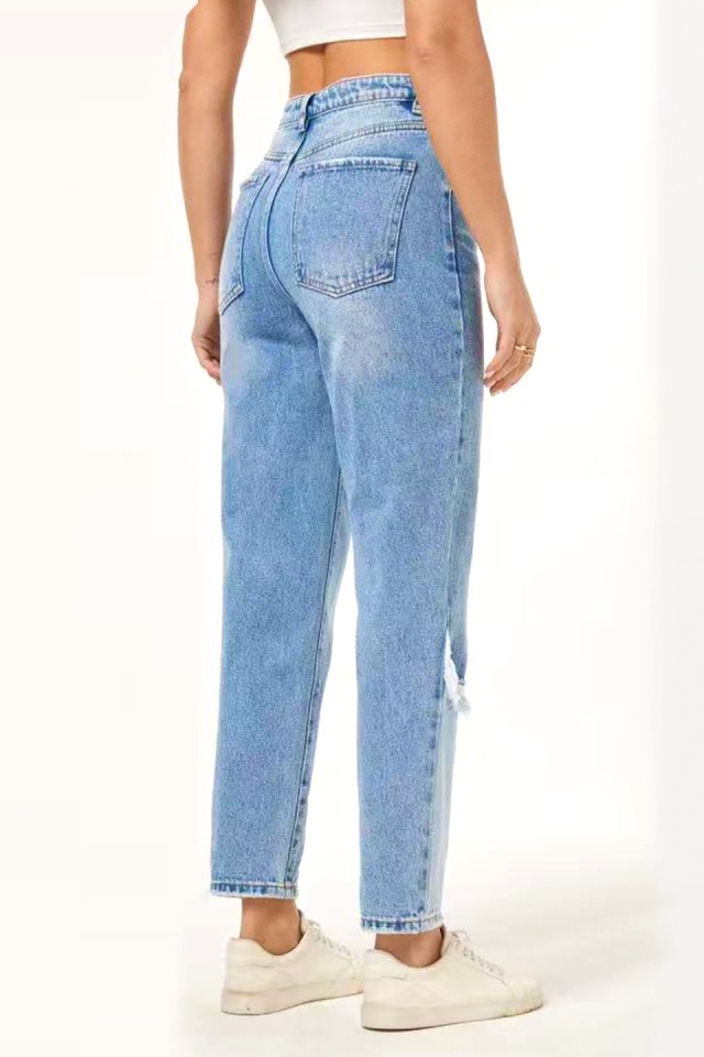 Blugi mom fit bicolor Riverside, aspect prespalat si perforatii petrecute, Albastru deschis