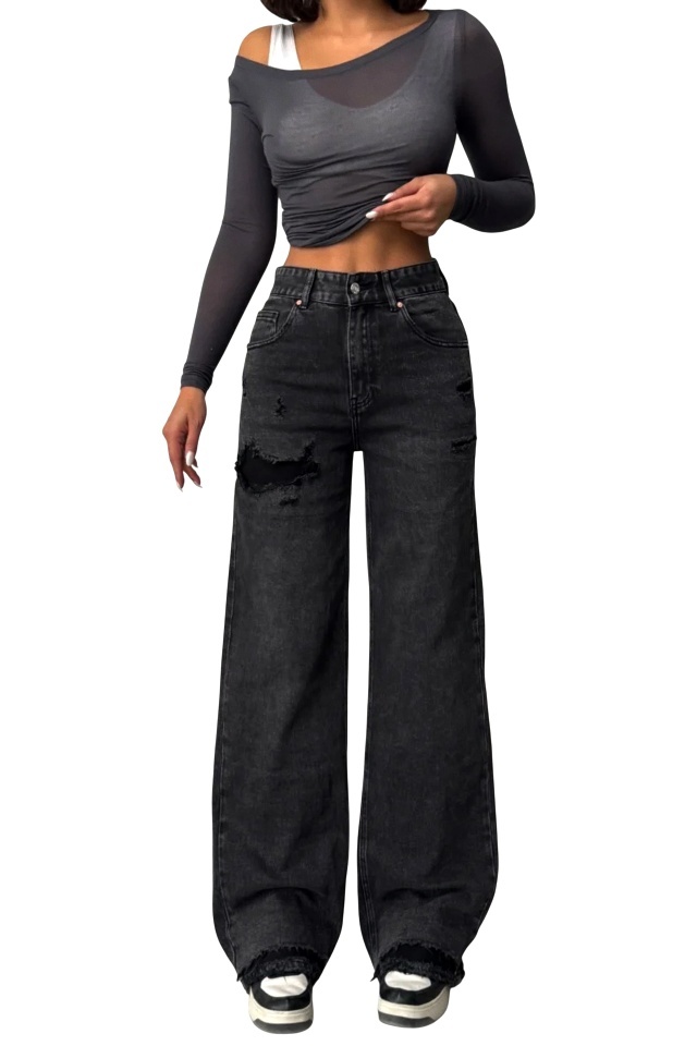 Blugi wide leg cu elastan, MYLANO si perforatii, Negru Antracit