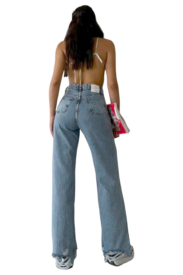 Blugi wide leg Yukatan, cu tiv perforat si aspect prespalat, Albastru Cyan