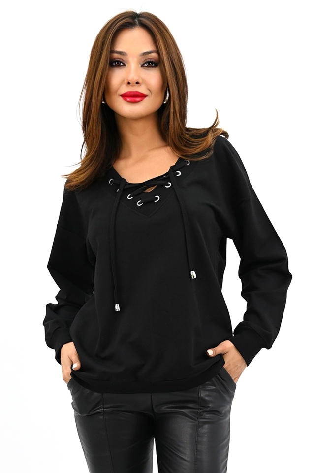 Bluza casual AmaDeeA, cu snur si maneca cu manseta elastica, Negru