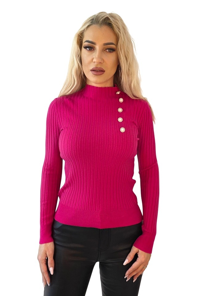 Bluza de dama ELORIA, cu guler inalt si nasturi perlati, Fucsia